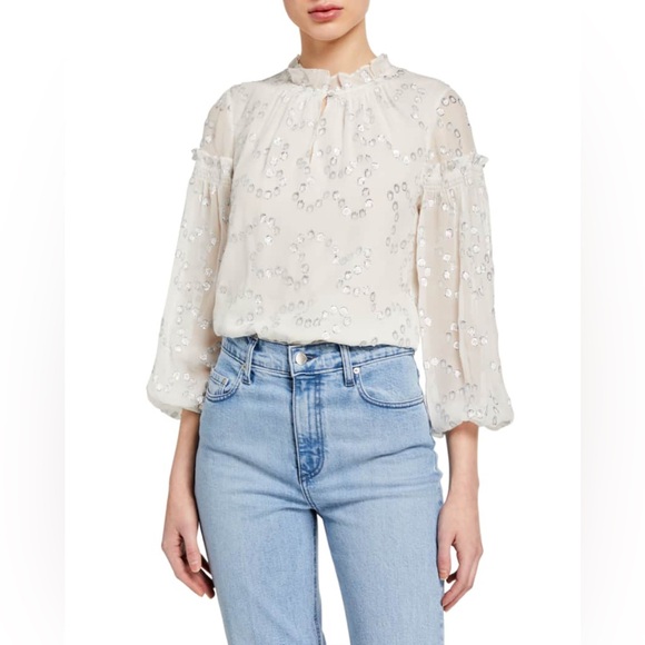 Rebecca Taylor Long-Sleeve Metallic Nuage Top in‎ White and Silger size 2 - Picture 1 of 14